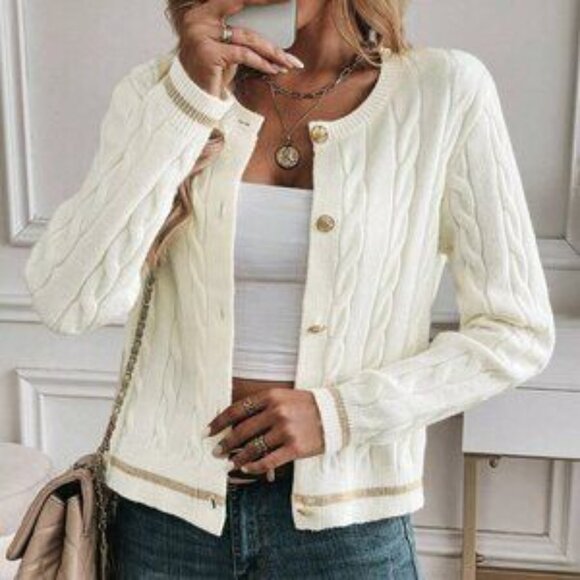 White Casual Women's Solid Color Button Decorated Long Sleeve Cardigan - Picture 6 of 6
